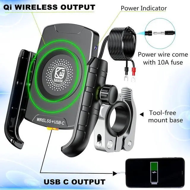 Alt view image 4 of 7 - Kewig Motorcycle Phone Mount with Wireless 15W & USB C 20W Dual Charger, Anti Vibration Motorcycle Phone Holder with Aluminum Alloy Handlebar Mount Base Fit for 4'' - 7.9'' Cellphones