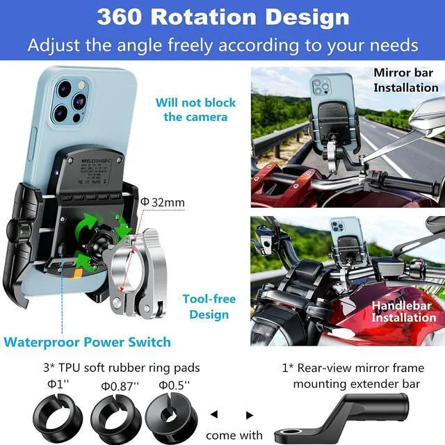 Alt view image 5 of 7 - Kewig Motorcycle Phone Mount with Wireless 15W & USB C 20W Dual Charger, Anti Vibration Motorcycle Phone Holder with Aluminum Alloy Handlebar Mount Base Fit for 4'' - 7.9'' Cellphones