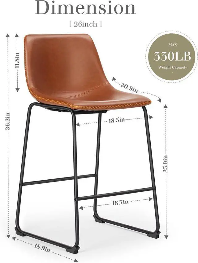 Alt view image 3 of 7 - DUMOS 26 Inch Counter Height Bar Stools Set of 4, Modern Faux Leather High Barstools with Back and Metal Leg, Bar Chairs for Kitchen lsland, Brown