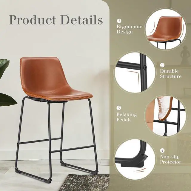 Alt view image 4 of 7 - DUMOS 26 Inch Counter Height Bar Stools Set of 4, Modern Faux Leather High Barstools with Back and Metal Leg, Bar Chairs for Kitchen lsland, Brown