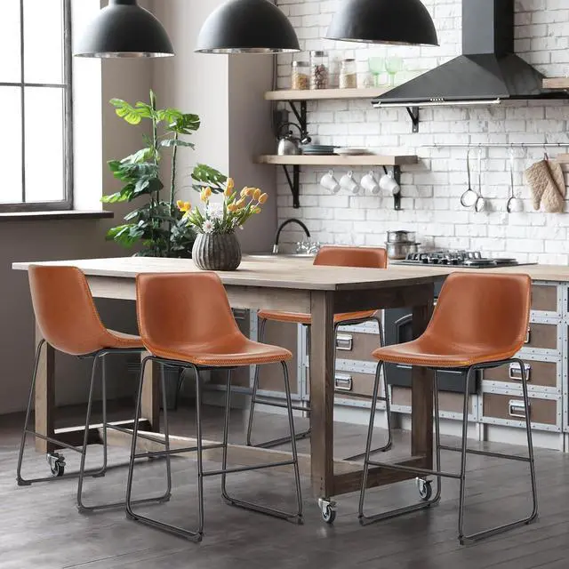 Alt view image 6 of 7 - DUMOS 26 Inch Counter Height Bar Stools Set of 4, Modern Faux Leather High Barstools with Back and Metal Leg, Bar Chairs for Kitchen lsland, Brown
