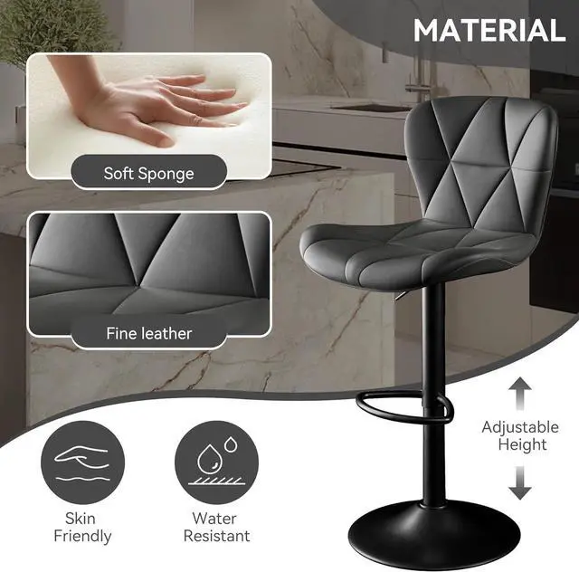 Alt view image 3 of 6 - Bar Stools Set of 2,Adjustable Swivel Barstools, Faux Leather Bar Chairs,Upholstered Counter Height with High Backrest for Kitchen Island, Black