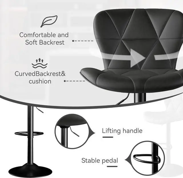 Alt view image 4 of 6 - Bar Stools Set of 2,Adjustable Swivel Barstools, Faux Leather Bar Chairs,Upholstered Counter Height with High Backrest for Kitchen Island, Black