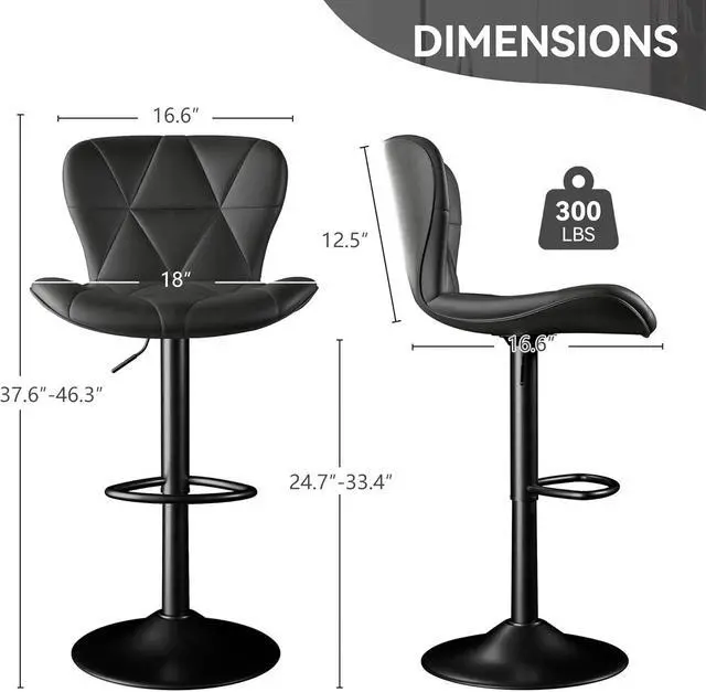 Alt view image 5 of 6 - Bar Stools Set of 2,Adjustable Swivel Barstools, Faux Leather Bar Chairs,Upholstered Counter Height with High Backrest for Kitchen Island, Black