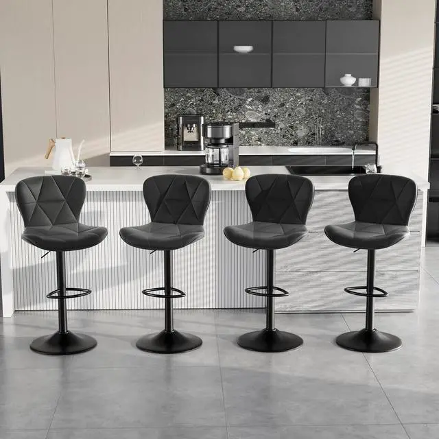 Alt view image 6 of 6 - Bar Stools Set of 2,Adjustable Swivel Barstools, Faux Leather Bar Chairs,Upholstered Counter Height with High Backrest for Kitchen Island, Black