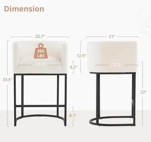 Alt view image 2 of 7 - LUE BONA 27" H Counter Height Bar Stools Set of 2, Modern Barrel Counter Stools with Backrest and Arms, Black Metal Frames, Linen Fabric Upholstered Accent Barstools for Kitchen Island, Beige