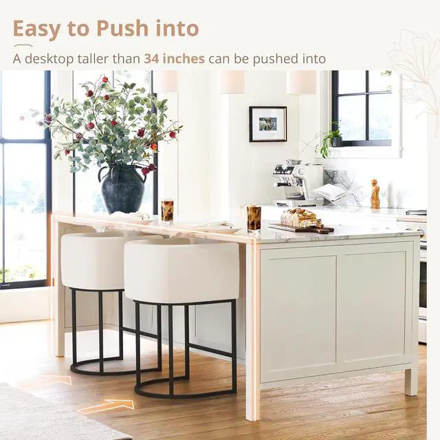 Alt view image 5 of 7 - LUE BONA 27" H Counter Height Bar Stools Set of 2, Modern Barrel Counter Stools with Backrest and Arms, Black Metal Frames, Linen Fabric Upholstered Accent Barstools for Kitchen Island, Beige
