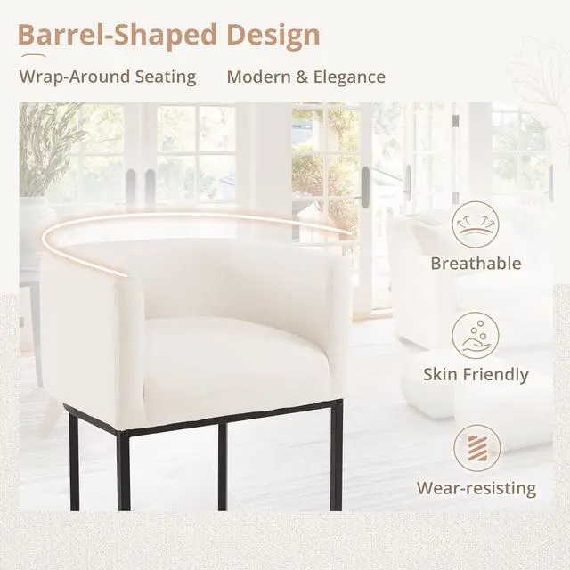 Alt view image 6 of 7 - LUE BONA 27" H Counter Height Bar Stools Set of 2, Modern Barrel Counter Stools with Backrest and Arms, Black Metal Frames, Linen Fabric Upholstered Accent Barstools for Kitchen Island, Beige
