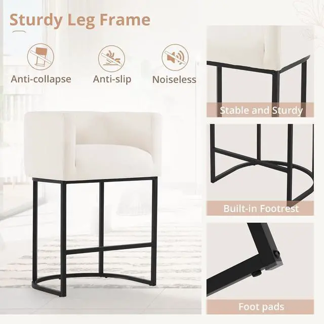 Alt view image 7 of 7 - LUE BONA 27" H Counter Height Bar Stools Set of 2, Modern Barrel Counter Stools with Backrest and Arms, Black Metal Frames, Linen Fabric Upholstered Accent Barstools for Kitchen Island, Beige