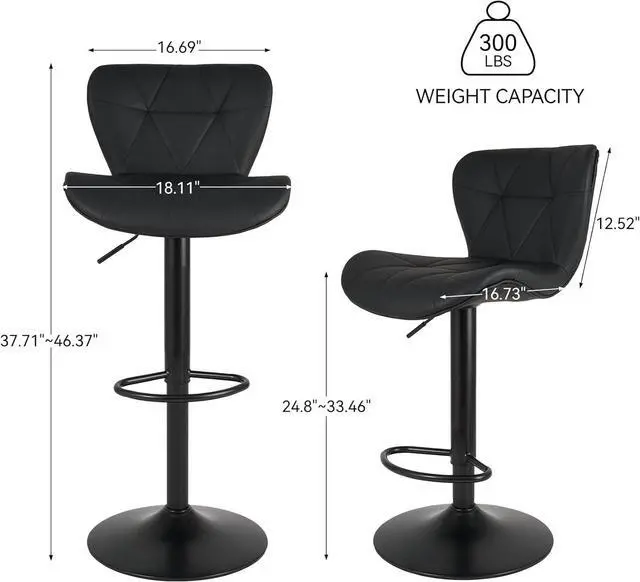 Alt view image 2 of 7 - Modern Bar Stools Set of 2, Adjustable Faux Leather Upholstered Swivel Bar Stools, Counter Height Bar Chairs with Back for Kitchen Island, Black