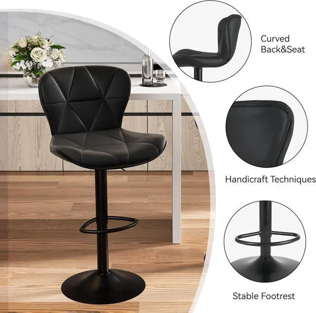 Alt view image 3 of 7 - Modern Bar Stools Set of 2, Adjustable Faux Leather Upholstered Swivel Bar Stools, Counter Height Bar Chairs with Back for Kitchen Island, Black