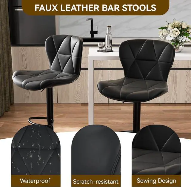 Alt view image 4 of 7 - Modern Bar Stools Set of 2, Adjustable Faux Leather Upholstered Swivel Bar Stools, Counter Height Bar Chairs with Back for Kitchen Island, Black