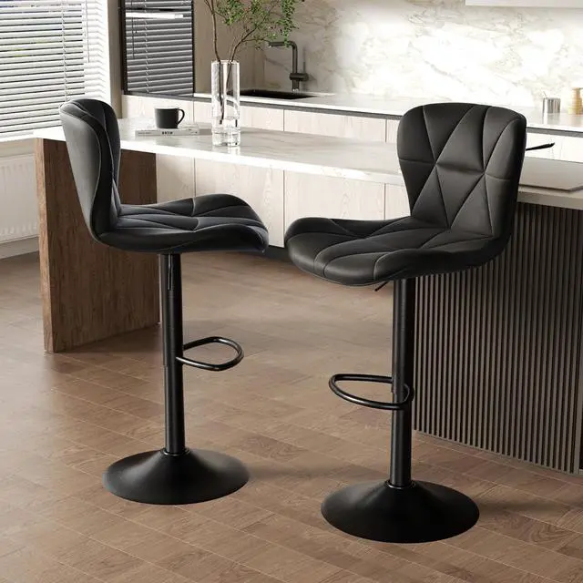 Alt view image 6 of 7 - Modern Bar Stools Set of 2, Adjustable Faux Leather Upholstered Swivel Bar Stools, Counter Height Bar Chairs with Back for Kitchen Island, Black