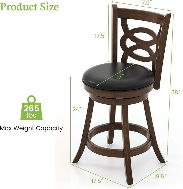 Alt view image 2 of 7 - ERGOMASTER Swivel Bar-Stools Set of 2 Brown Counter Height Barstool 24 Inch Seat Bar Chair