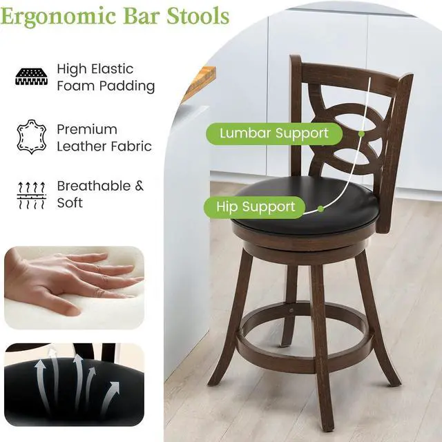 Alt view image 4 of 7 - ERGOMASTER Swivel Bar-Stools Set of 2 Brown Counter Height Barstool 24 Inch Seat Bar Chair