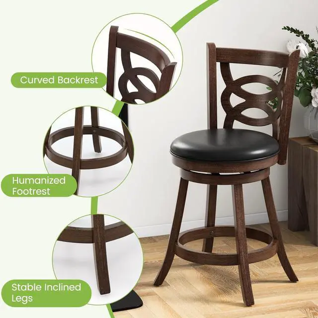 Alt view image 7 of 7 - ERGOMASTER Swivel Bar-Stools Set of 2 Brown Counter Height Barstool 24 Inch Seat Bar Chair