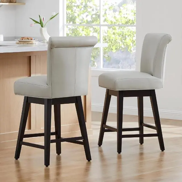 Alt view image 2 of 7 - CHITA 26 Inch Counter Height Swivel Bar Stools Set of 2, FSC Certified Modern Upholstered Faux Leather Swivel Barstool Chair with Back, Creamy Grey