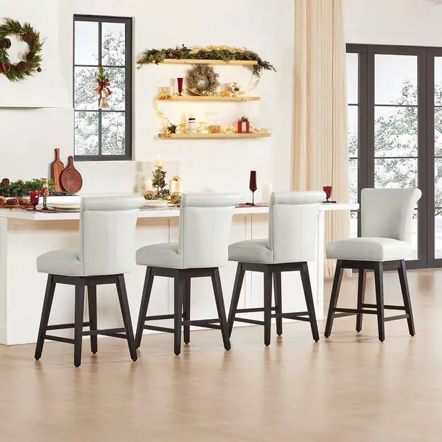 Alt view image 4 of 7 - CHITA 26 Inch Counter Height Swivel Bar Stools Set of 2, FSC Certified Modern Upholstered Faux Leather Swivel Barstool Chair with Back, Creamy Grey