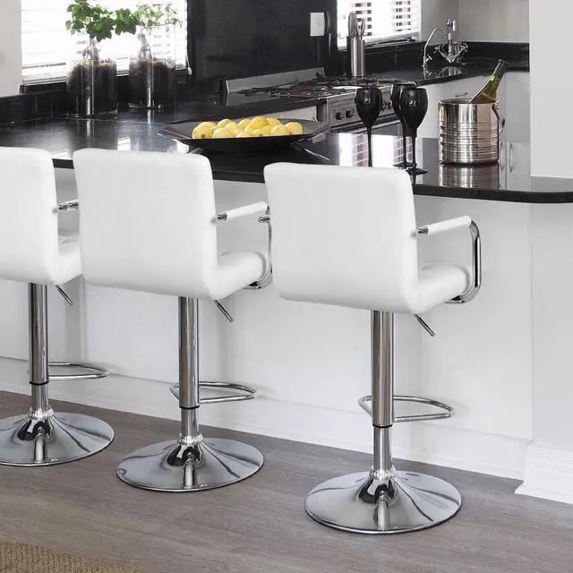 Alt view image 4 of 7 - Yaheetech Bar Stools Set of 2, PU Leather Adjustable Swivel Barstools, Hydraulic Kitchen Counter Height Bar Chairs with Armrest and Back for Bar, Kitchen, Dining Room, White