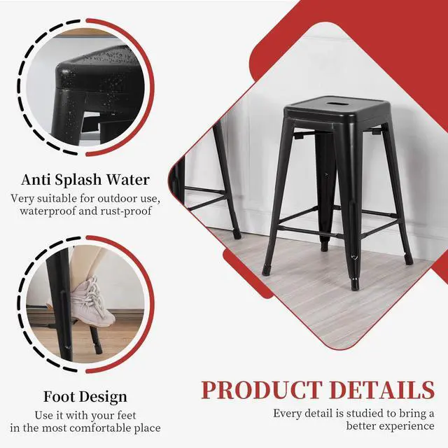 Alt view image 6 of 7 - FDW Metal Bar Stools Set of 4 Counter Height Barstool 24 Inches Industrial Bar Chairs Patio Stool Stackable Backless Stool Indoor Outdoor Metal Kitchen Stools Bar Chairs