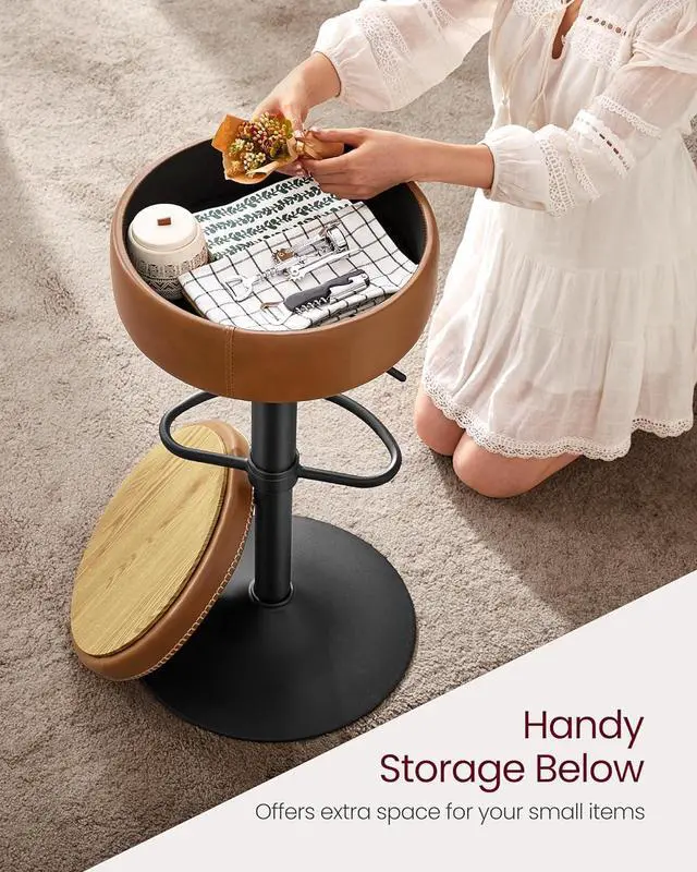 Alt view image 2 of 6 - VASAGLE EKHO Collection - 360° Swivel Bar Stool, Height Adjustable Barstool with Storage, Synthetic Leather with Stitching, Mid-Century Modern, Kitchen Bar, Easy Assembly, Caramel Brown