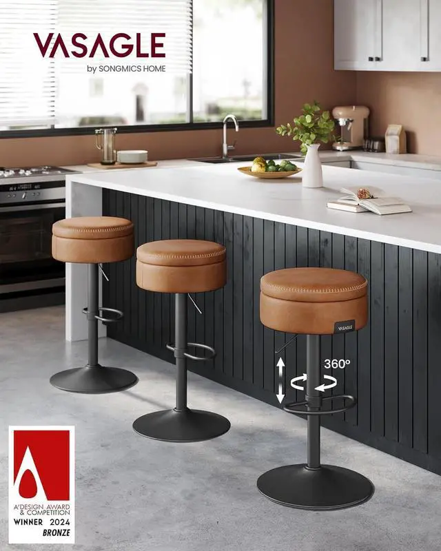 Alt view image 4 of 6 - VASAGLE EKHO Collection - 360° Swivel Bar Stool, Height Adjustable Barstool with Storage, Synthetic Leather with Stitching, Mid-Century Modern, Kitchen Bar, Easy Assembly, Caramel Brown
