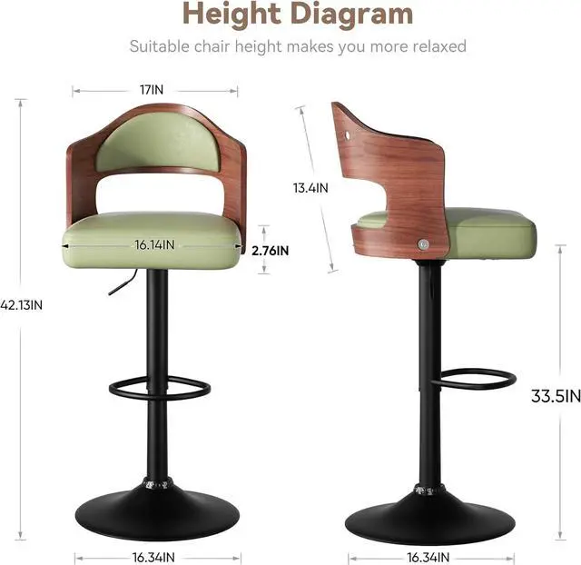 Alt view image 2 of 7 - Swivel Bar Stools Set of 2 Seat Adjustable Height 24.5-33.5IN, Wooden Barstools PU Leather Upholstered Bar Chairs with Back & Footrest for Bar Kitchen Dining Room