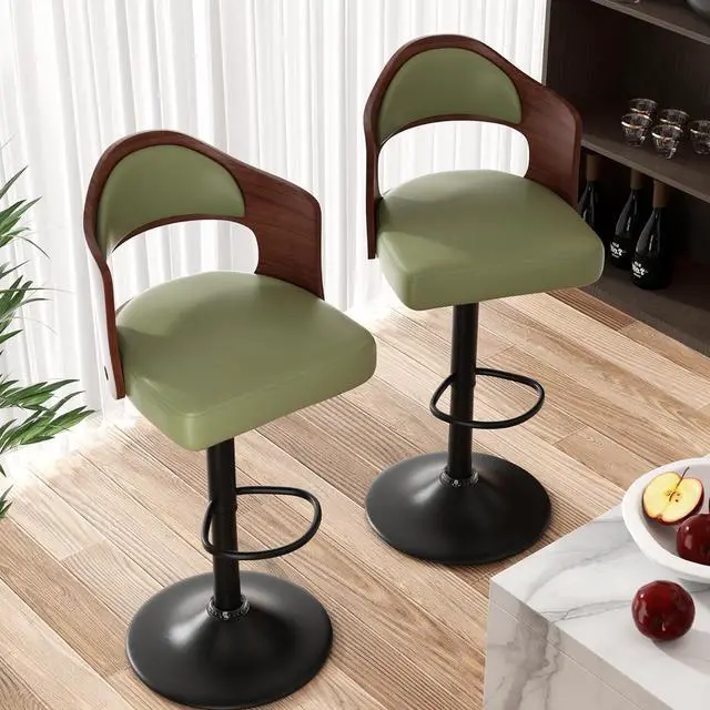 Alt view image 3 of 7 - Swivel Bar Stools Set of 2 Seat Adjustable Height 24.5-33.5IN, Wooden Barstools PU Leather Upholstered Bar Chairs with Back & Footrest for Bar Kitchen Dining Room