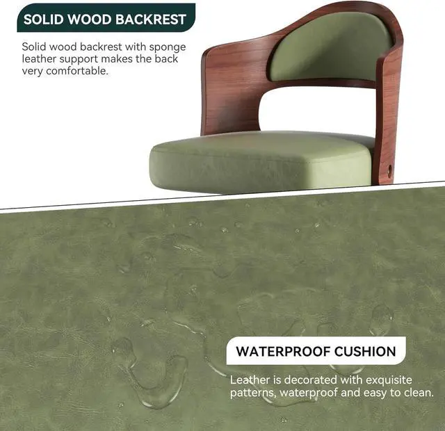 Alt view image 5 of 7 - Swivel Bar Stools Set of 2 Seat Adjustable Height 24.5-33.5IN, Wooden Barstools PU Leather Upholstered Bar Chairs with Back & Footrest for Bar Kitchen Dining Room
