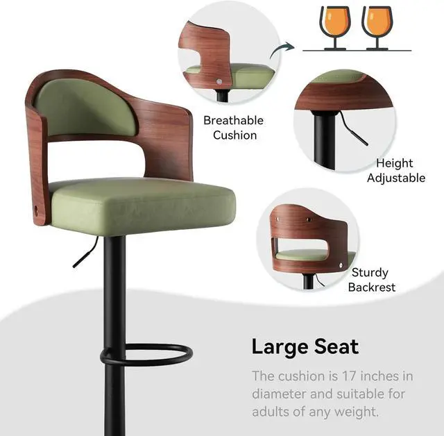 Alt view image 4 of 7 - Swivel Bar Stools Set of 2 Seat Adjustable Height 24.5-33.5IN, Wooden Barstools PU Leather Upholstered Bar Chairs with Back & Footrest for Bar Kitchen Dining Room