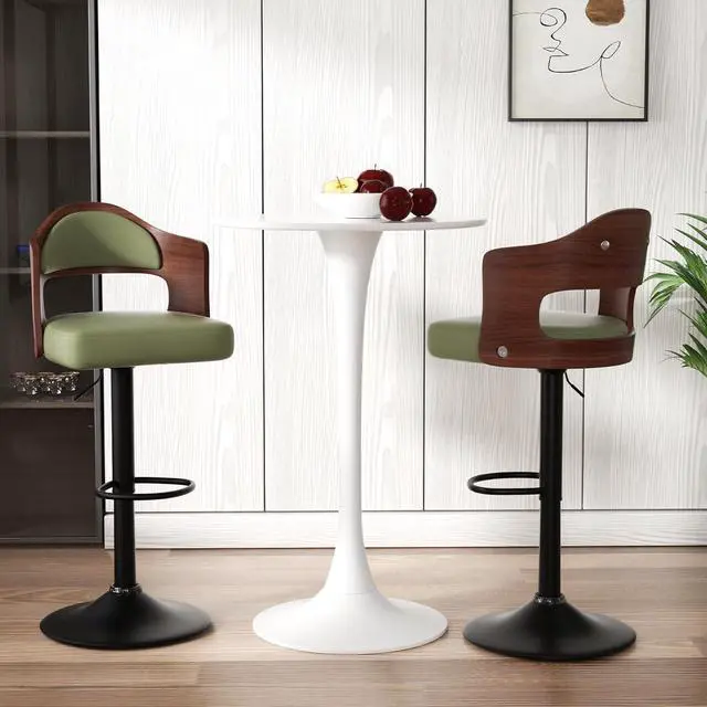 Alt view image 6 of 7 - Swivel Bar Stools Set of 2 Seat Adjustable Height 24.5-33.5IN, Wooden Barstools PU Leather Upholstered Bar Chairs with Back & Footrest for Bar Kitchen Dining Room