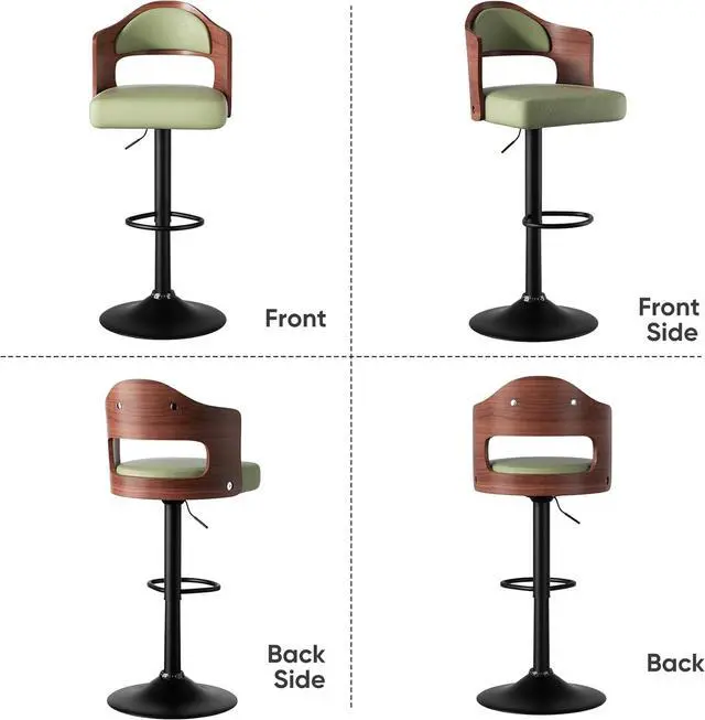 Alt view image 7 of 7 - Swivel Bar Stools Set of 2 Seat Adjustable Height 24.5-33.5IN, Wooden Barstools PU Leather Upholstered Bar Chairs with Back & Footrest for Bar Kitchen Dining Room