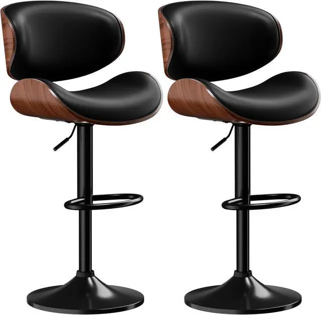 Main image of Bar Stools Set of 2, Adjustable Swivel Leather Bar Stools for Kitchen Island, Mid Century Modern Counter Height Bar Chairs Barstools with Back & Footrest (Black)