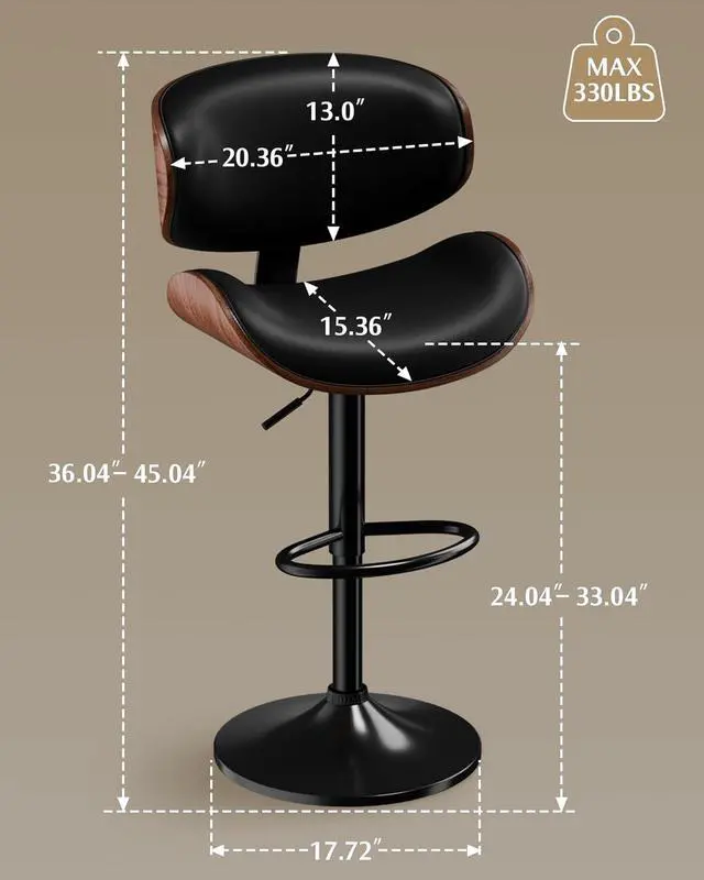 Alt view image 3 of 7 - Bar Stools Set of 2, Adjustable Swivel Leather Bar Stools for Kitchen Island, Mid Century Modern Counter Height Bar Chairs Barstools with Back & Footrest (Black)
