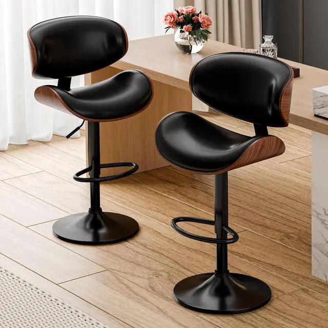 Alt view image 2 of 7 - Bar Stools Set of 2, Adjustable Swivel Leather Bar Stools for Kitchen Island, Mid Century Modern Counter Height Bar Chairs Barstools with Back & Footrest (Black)