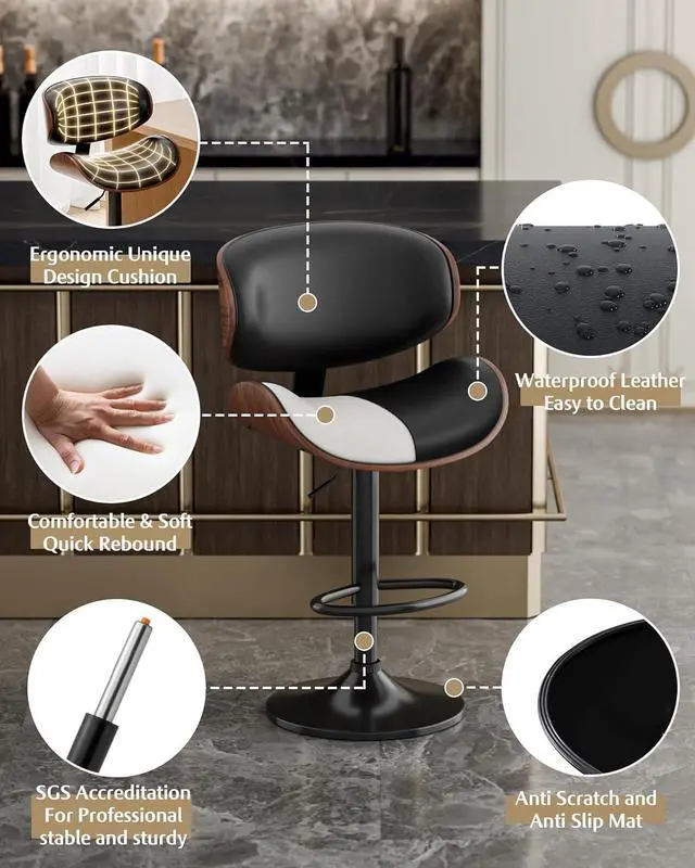 Alt view image 5 of 7 - Bar Stools Set of 2, Adjustable Swivel Leather Bar Stools for Kitchen Island, Mid Century Modern Counter Height Bar Chairs Barstools with Back & Footrest (Black)