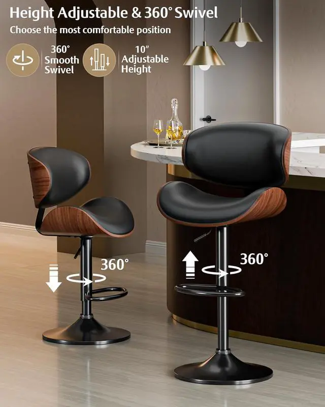 Alt view image 6 of 7 - Bar Stools Set of 2, Adjustable Swivel Leather Bar Stools for Kitchen Island, Mid Century Modern Counter Height Bar Chairs Barstools with Back & Footrest (Black)