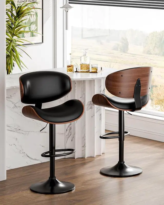 Alt view image 7 of 7 - Bar Stools Set of 2, Adjustable Swivel Leather Bar Stools for Kitchen Island, Mid Century Modern Counter Height Bar Chairs Barstools with Back & Footrest (Black)