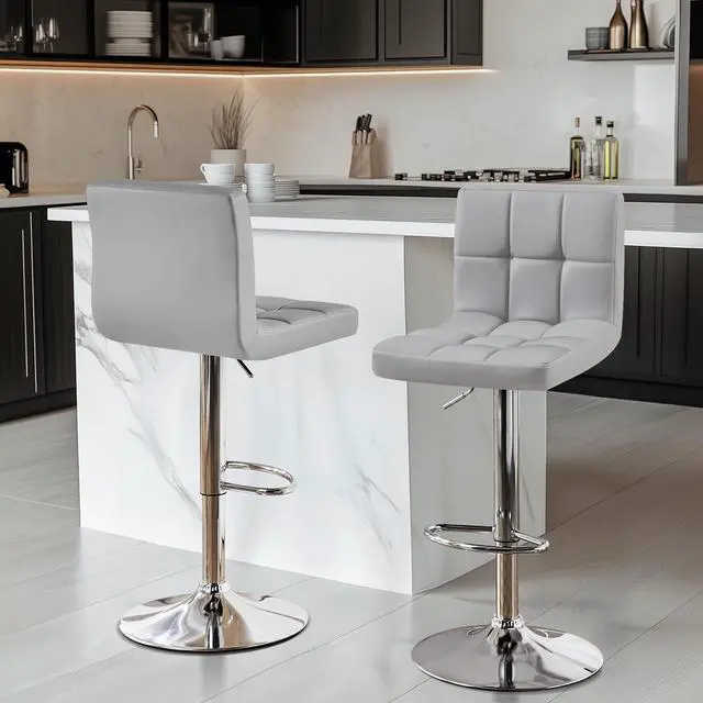 Alt view image 2 of 7 - Yaheetech Bar Stools Set of 2, PU Leather Adjustable Barstools, Modern Counter Stools with Back and Footrest, Counter Height Barstools for Bar, Kitchen, Dining Room, Light Gray