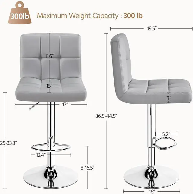 Alt view image 3 of 7 - Yaheetech Bar Stools Set of 2, PU Leather Adjustable Barstools, Modern Counter Stools with Back and Footrest, Counter Height Barstools for Bar, Kitchen, Dining Room, Light Gray
