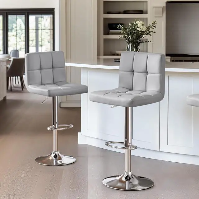 Alt view image 5 of 7 - Yaheetech Bar Stools Set of 2, PU Leather Adjustable Barstools, Modern Counter Stools with Back and Footrest, Counter Height Barstools for Bar, Kitchen, Dining Room, Light Gray
