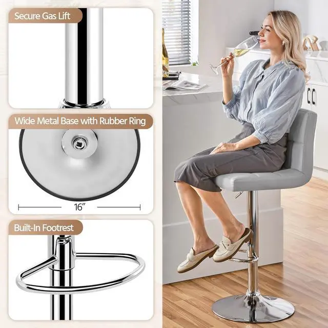 Alt view image 6 of 7 - Yaheetech Bar Stools Set of 2, PU Leather Adjustable Barstools, Modern Counter Stools with Back and Footrest, Counter Height Barstools for Bar, Kitchen, Dining Room, Light Gray