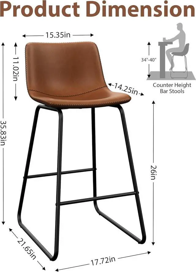 Alt view image 2 of 7 - Bar Stools Set of 3, 26 Inches Counter Height Bar Stools with Back, Modern Faux Leather Barstools with Metal Legs and Footrest, Bar Chairs for Kitchens Island (Dark Brown)