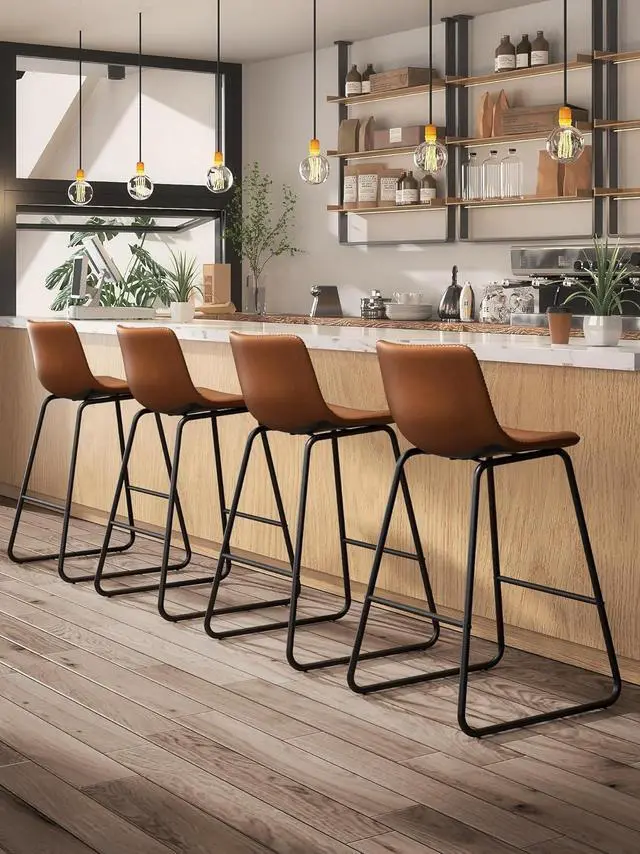 Alt view image 3 of 7 - Bar Stools Set of 3, 26 Inches Counter Height Bar Stools with Back, Modern Faux Leather Barstools with Metal Legs and Footrest, Bar Chairs for Kitchens Island (Dark Brown)
