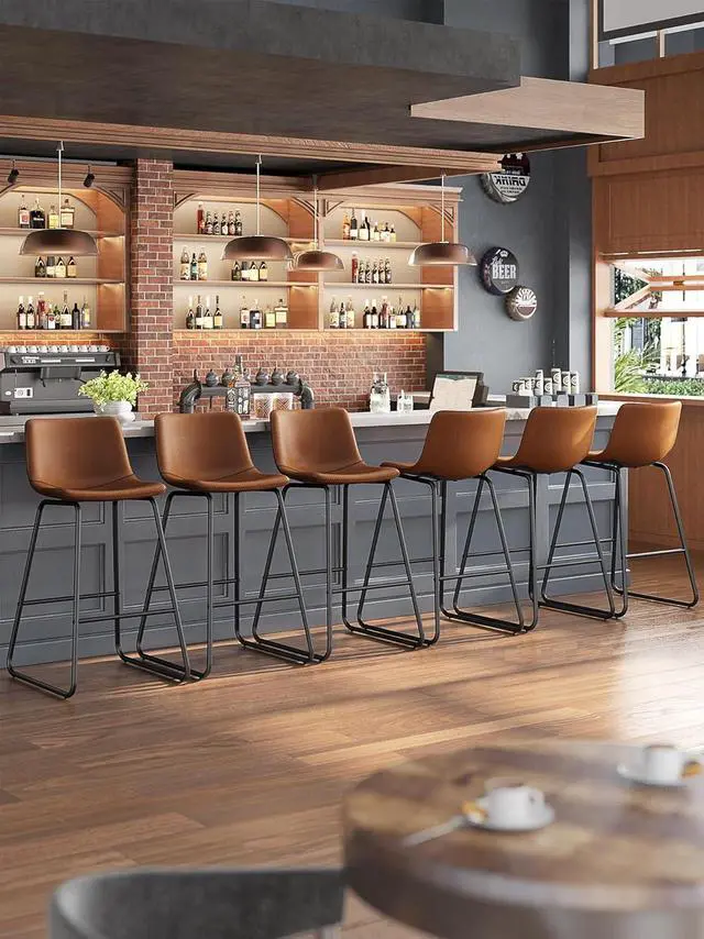 Alt view image 4 of 7 - Bar Stools Set of 3, 26 Inches Counter Height Bar Stools with Back, Modern Faux Leather Barstools with Metal Legs and Footrest, Bar Chairs for Kitchens Island (Dark Brown)