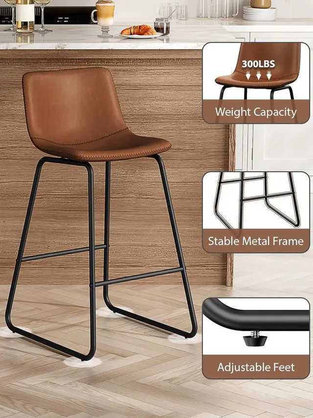 Alt view image 5 of 7 - Bar Stools Set of 3, 26 Inches Counter Height Bar Stools with Back, Modern Faux Leather Barstools with Metal Legs and Footrest, Bar Chairs for Kitchens Island (Dark Brown)