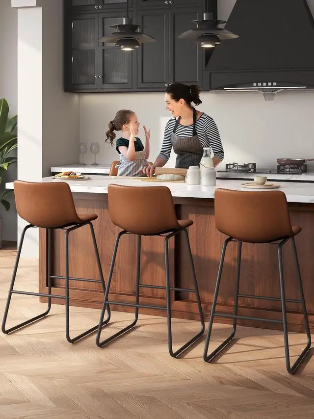 Alt view image 7 of 7 - Bar Stools Set of 3, 26 Inches Counter Height Bar Stools with Back, Modern Faux Leather Barstools with Metal Legs and Footrest, Bar Chairs for Kitchens Island (Dark Brown)