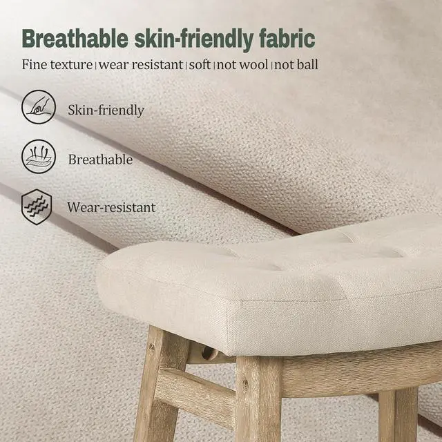 Alt view image 4 of 7 - Counter Height Bar Stools Set of 3 for Kitchen Counter Farmhouse Modern Barstools with Upholstered Fabric Backless Seat and Solid Wood Legs 24 inch Bar Chairs, Khaki + Wood Color