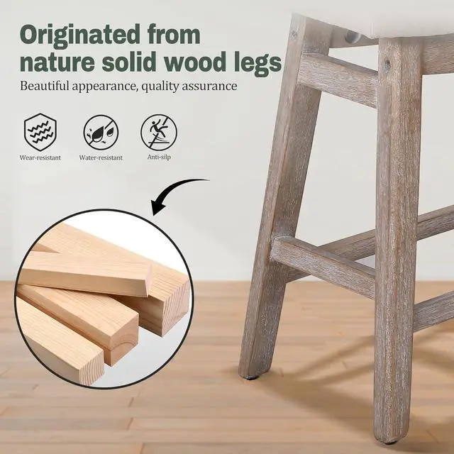 Alt view image 5 of 7 - Counter Height Bar Stools Set of 3 for Kitchen Counter Farmhouse Modern Barstools with Upholstered Fabric Backless Seat and Solid Wood Legs 24 inch Bar Chairs, Khaki + Wood Color