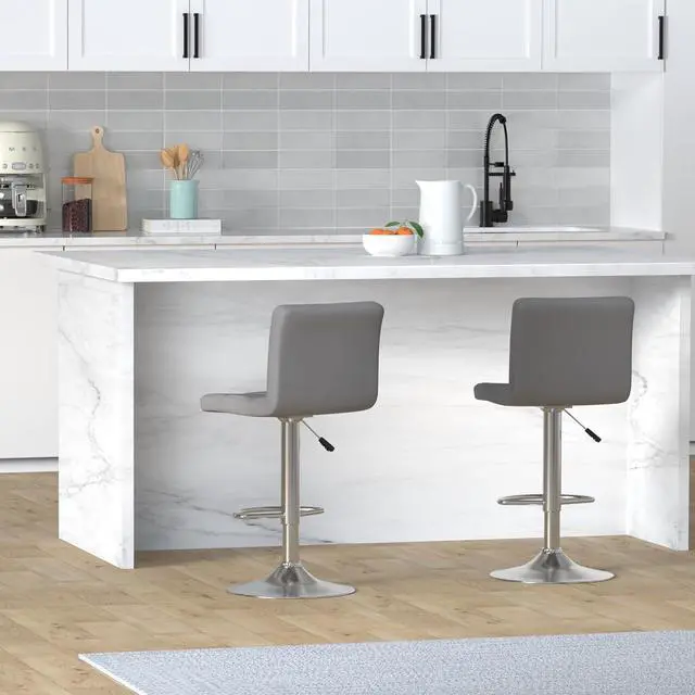 Alt view image 2 of 6 - Leopard Bar Stools, Modern PU Leather Adjustable Swivel Bar Stool with Back, Set of 2 (Light Grey)